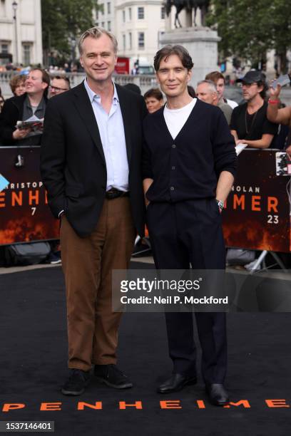 Christopher Nolan and Cillian Murphy attend the London Photocall for Universal Pictures' "Oppenheimer" at Trafalgar Square on July 12, 2023 in...