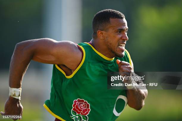 Anthony Watson of England chases down the ball during a training session at Payanini Center on July 11, 2023 in Verona, Italy.