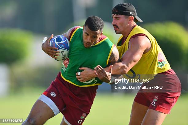 Anthony Watson of England takes on Cadan Murley of England during a training session at Payanini Center on July 11, 2023 in Verona, Italy.