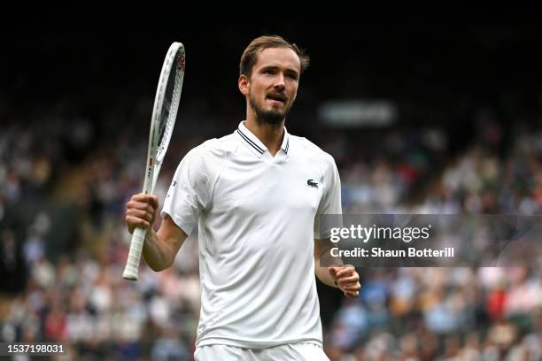 Daniil Medvedev celebrates against Christopher Eubanks of United States in the Men's Singles Quarter Final match during day ten of The Championships...