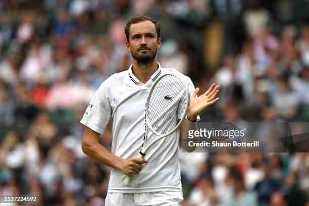 Daniil Medvedev celebrates victory against Christopher Eubanks of United States in the Men's Singles Quarter Final match during day ten of The...