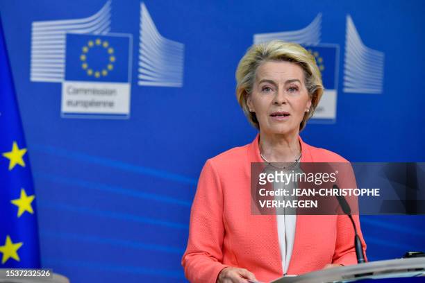 President of the European Commission Ursula von der Leyen delivers a speech during a press conference with Brazil's President, as part of the EU-...