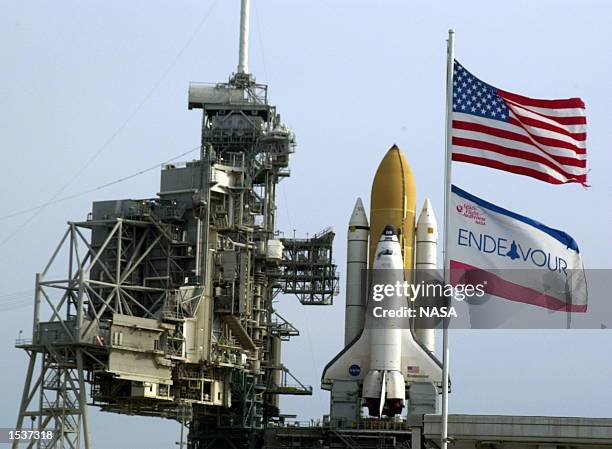 Space Shuttle Endeavour rests on the launch pad before the scheduled May 30 lift off at the Kennedy Space Center April 29, 2002 in Cape Canaveral,...