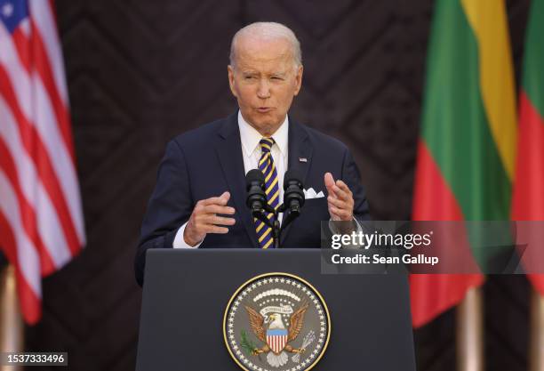 President Joe Biden speaks to a crowd at Vilnius University on July 12, 2023 in Vilnius, Lithuania. Biden, who was in Vilnius to participate in the...