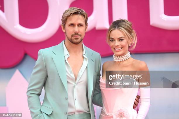 Ryan Gosling and Margot Robbie attend the "Barbie" European Premiere at Cineworld Leicester Square on July 12, 2023 in London, England.