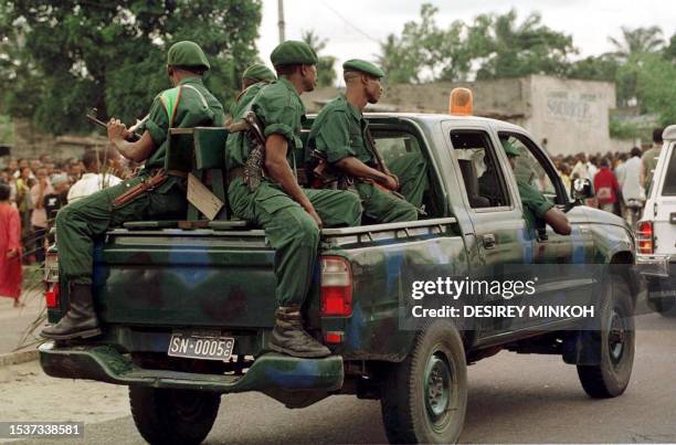 Congolese soldiers patrol the streets of Kinshasa 22 January 2001 during slained President Laurent-Desire Kabila's funeral at the People's palace....