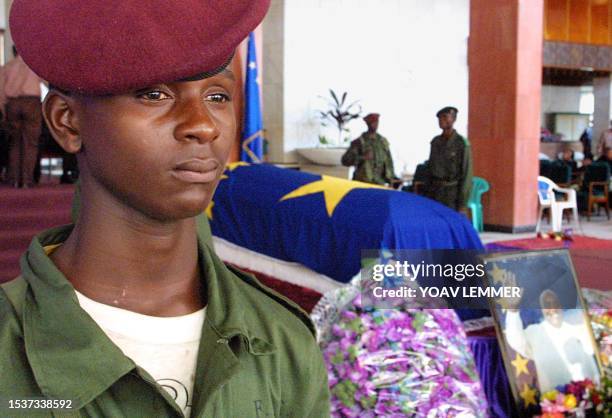 Democratic Republic of Congo soldier with tears in his eyes guards 22 January 2001 the coffin of the slained DRC president Laurent Desire Kabila,...