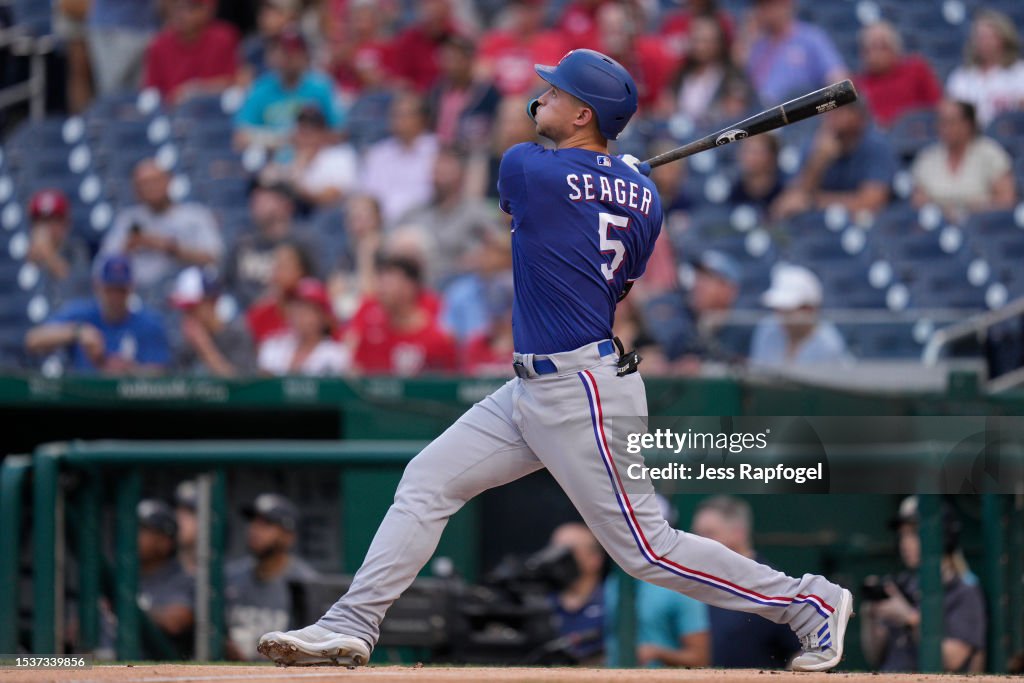 Corey Seager Singles in Texas Rangers vs. Washington Nationals Game at Globe Life Field Corey Seager Singles in Texas Rangers vs. Washington Nationals Game at Globe Life Field