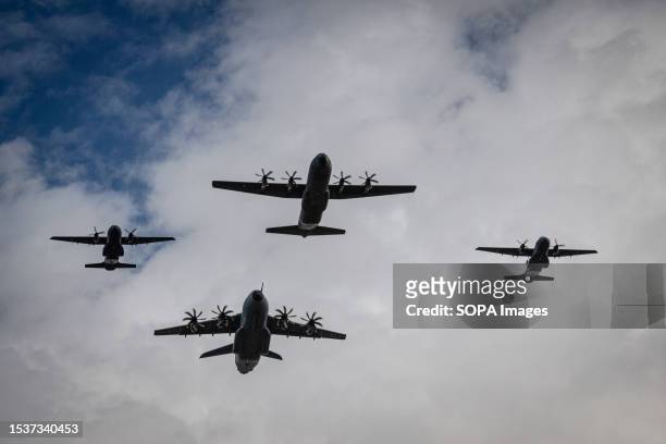 Military planes seen on parade at Champs Elysées. The ceremony and the annual parade on the 14th of July, which celebrates the French national day,...