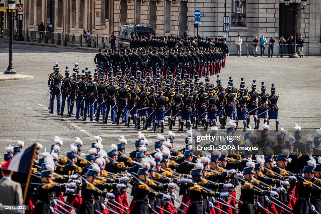 French Guard infantry squads seen during the parade at Place...