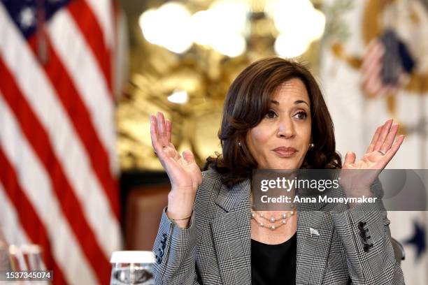 Vice President Kamala Harris gestures as she speaks during a meeting on Artificial Intelligence in her ceremonial office in the Eisenhower Executive...