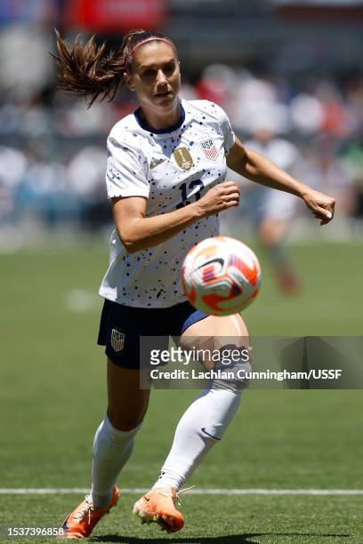 Alex Morgan of the United States competes for the ball during the first half of an international friendly against Wales at PayPal Park on July 09,...
