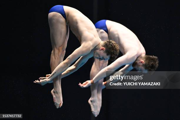 Britain's Matthew Lee and Noah Williams compete in the final of the men's 10m synchronised diving event during the World Aquatics Championships in...