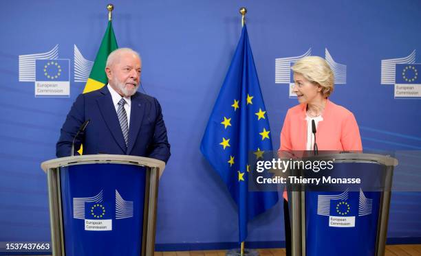 Brazilian President Luiz Inacio Lula da Silva and European Commission President Ursula von der Leyen speak to media prior to a bilateral meeting in...