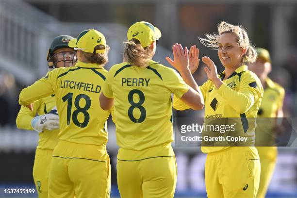 Ashleigh Gardner of Australia celebrates with teammates after dismissing Sarah Glenn of England during the Women's Ashes 1st We Got Game ODI match...