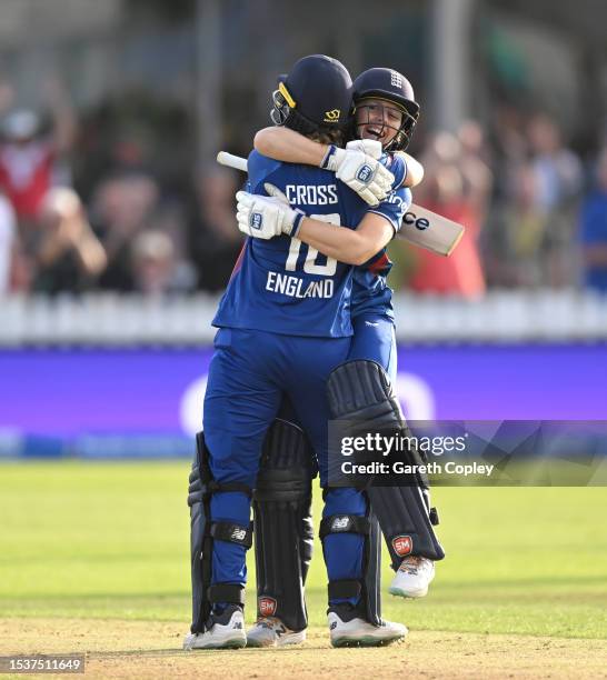 England captain Heather Knight and Kate Cross celebrate winning the Women's Ashes 1st We Got Game ODI match between England and Australia at Seat...