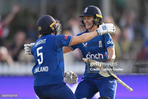 England captain Heather Knight and Kate Cross celebrate winning the Women's Ashes 1st We Got Game ODI match between England and Australia at Seat...