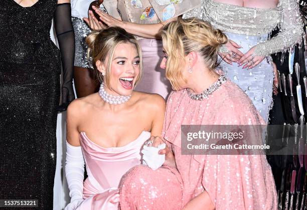 Margot Robbie and Greta Gerwig attend the "Barbie" European Premiere at Cineworld Leicester Square on July 12, 2023 in London, England.