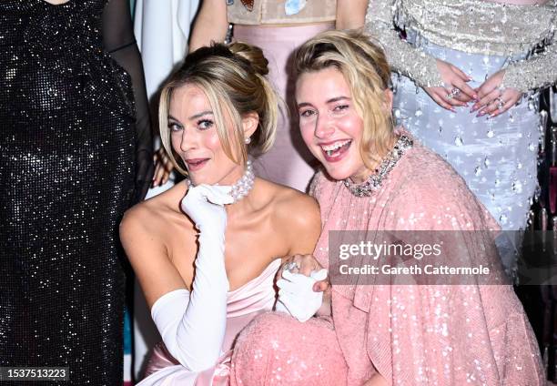 Margot Robbie and Greta Gerwig attend the "Barbie" European Premiere at Cineworld Leicester Square on July 12, 2023 in London, England.