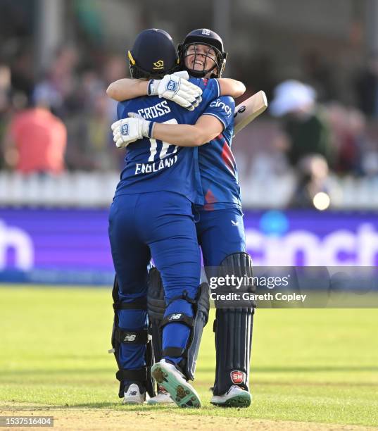 England captain Heather Knight and Kate Cross celebrate winning the Women's Ashes 1st We Got Game ODI match between England and Australia at Seat...