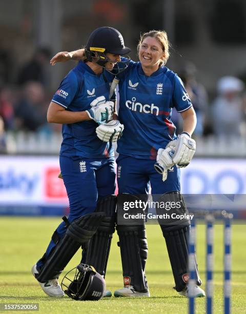 England captain Heather Knight and Kate Cross celebrate winning the Women's Ashes 1st We Got Game ODI match between England and Australia at Seat...
