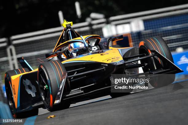 Jake Hughes of Great Britain and Neom McLaren Formula E drives in Sunday Qualifying during Formula E 2023 Rome E-Prix at the Rome EUR city track on...