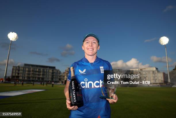 Player of the Match, Heather Knight of England poses for photographs during the Women's Ashes 1st We Got Game ODI match between England and Australia...