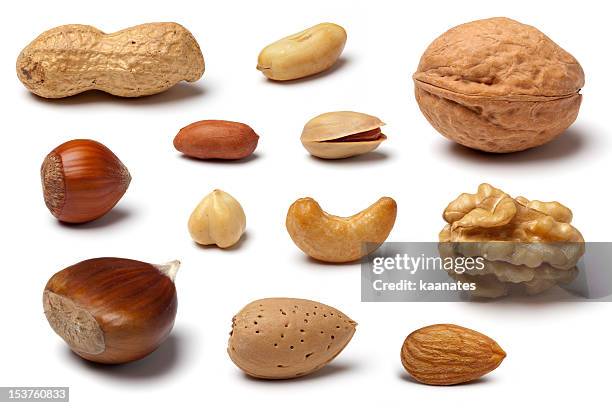 variety of nuts on white - walnuts stockfoto's en -beelden