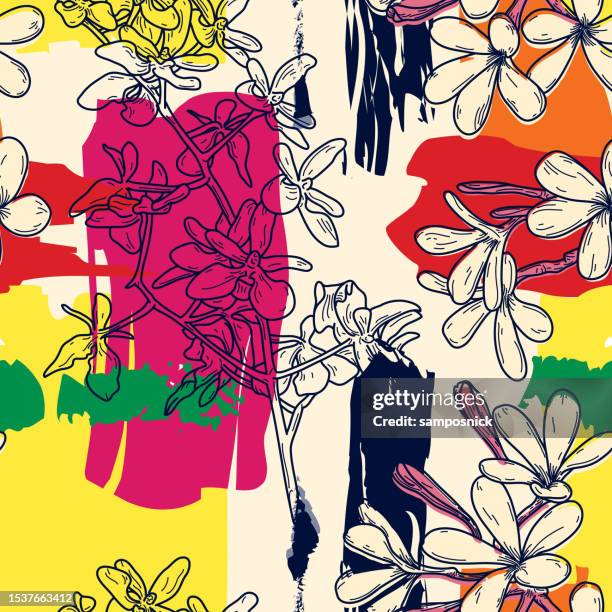 stockillustraties, clipart, cartoons en iconen met funky brush stroke painted plumeria frangipani seamless pattern background - frangipani