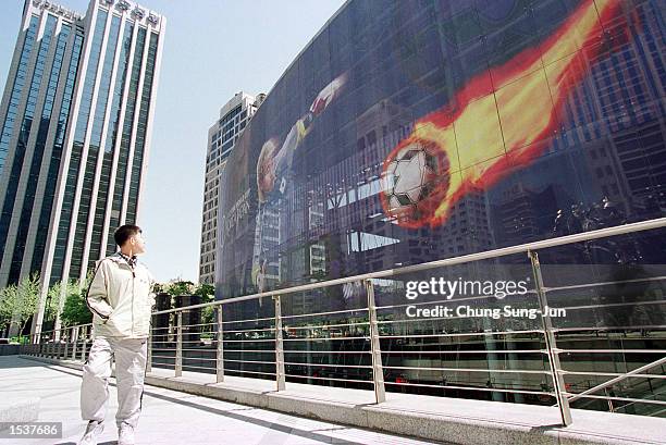 South Korean man looks up at a giant illustration of South Korean goal keeper Kim Byung-Ki April 24, 2002 painted on the wall of the headquarters of...