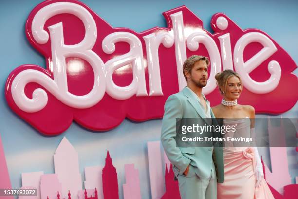 Ryan Gosling and Margot Robbie attend The European Premiere Of "Barbie" at Cineworld Leicester Square on July 12, 2023 in London, England.