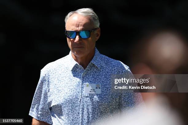 Rob Manfred, Commissioner of the MLB, walks to lunch at the Allen & Company Sun Valley Conference on July 12, 2023 in Sun Valley, Idaho. Every July,...