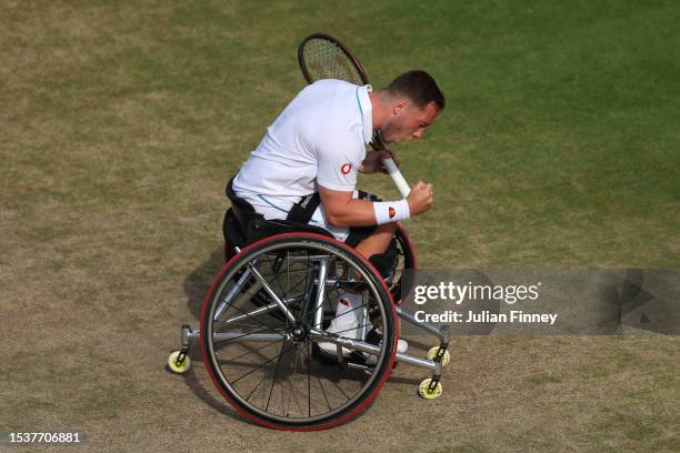 Alfie Hewitt of Great Britain celebrates against Joachim Gerard of Belgium in the Men's Wheelchair Singles Quarter Final match during day ten of The...