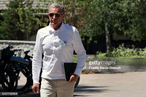 Bob Iger, CEO of Disney, walks to lunch at the Allen & Company Sun Valley Conference on July 12, 2023 in Sun Valley, Idaho. Every July, some of the...