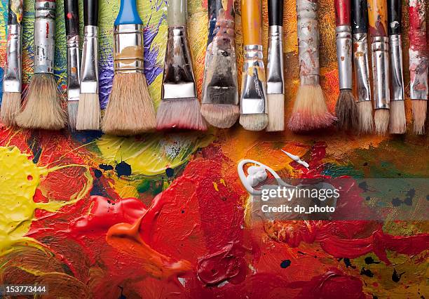 paint brushes in a row - konstmateriel bildbanksfoton och bilder