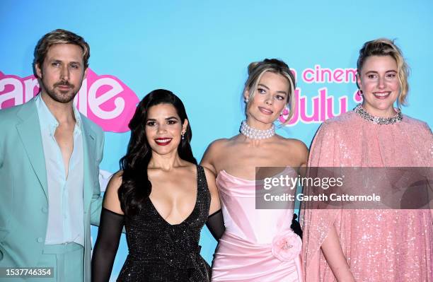 Ryan Gosling, America Ferrera, Margot Robbie and Greta Gerwig attend the "Barbie" European Premiere at Cineworld Leicester Square on July 12, 2023 in...