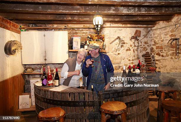 senior couple enjoy wine from their cellar - beaujolais nouveau - fotografias e filmes do acervo