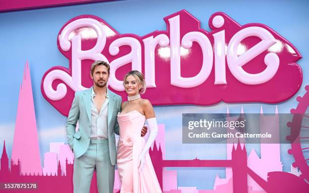 Ryan Gosling and Margot Robbie attend the "Barbie" European Premiere at Cineworld Leicester Square on July 12, 2023 in London, England.