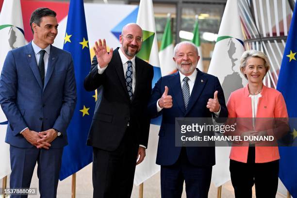 Spain's Prime Minister Pedro Sanchez European Council President Charles Michel, President of Brazil Luiz Inacio Lula da Silva and President of the...