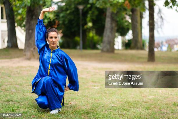middle-aged woman practicing tai chi - woman and tai chi stock pictures, royalty-free photos & images