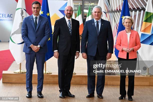 Spain's Prime Minister Pedro Sanchez, European Council President Charles Michel, Cuba's President Miguel Diaz-Canel and President of the European...