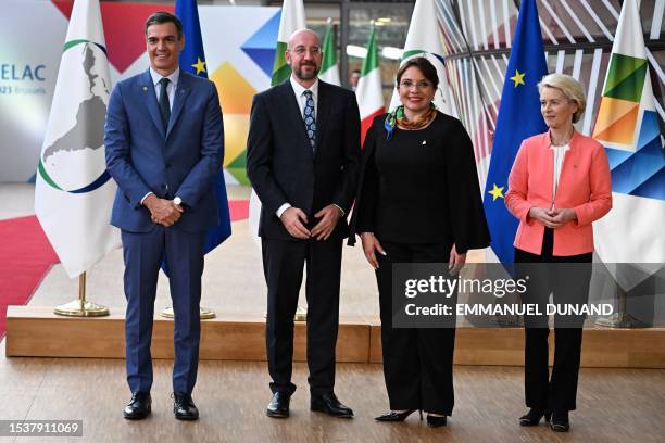 Spain's Prime Minister Pedro Sanchez, European Council President Charles Michel, Honduras' President Xiomara Castro and President of the European...