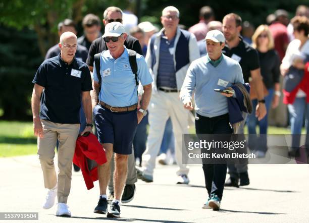 Jeffrey Katzenberg, CEO of DreamWorks Animation, and Greg Maffei, Chair of TripAdvisor, leave a morning session at the Allen & Company Sun Valley...