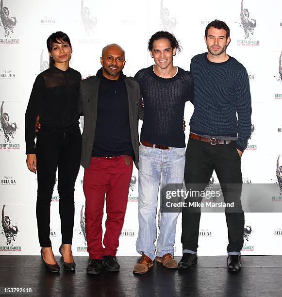 Freida Pinto, choreographer Akram Khan, Reece Ritchie and Tom Cullen attend a photocall for 'Desert Dancer' at Sadler's Wells Theatre on October 9,...