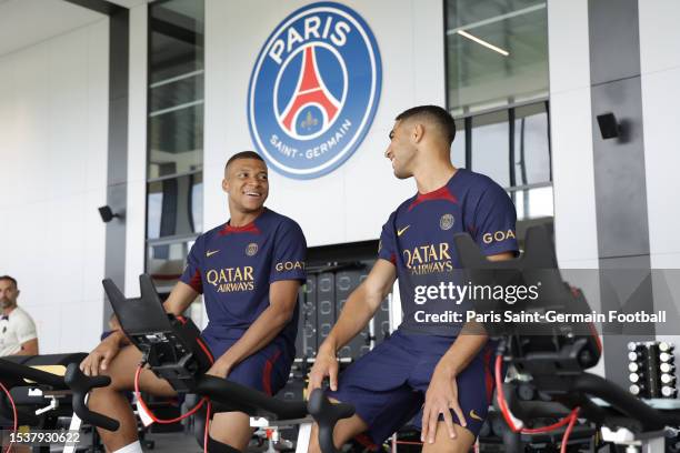 Kylian Mbappé of Paris Saint-Germain during a gym session at the PSG training center on July 17, 2023 in Poissy, France.