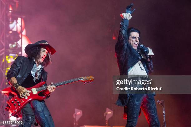 Joe Perry and Alice Cooper of Hollywood Vampires perform on stage at The OVO Hydro on July 12, 2023 in Glasgow, Scotland.