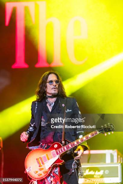 Johnny Depp of Hollywood Vampires performs on stage at The OVO Hydro on July 12, 2023 in Glasgow, Scotland.