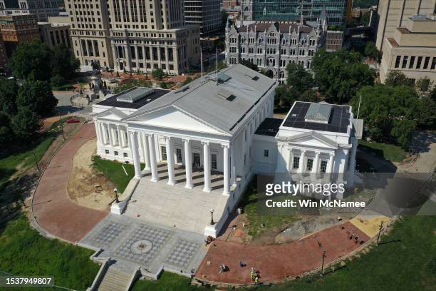 In an aerial view, the Virginia State Capitol is shown on July 12, 2023 in Richmond, Virginia. The Virginia General Assembly is the oldest elected...