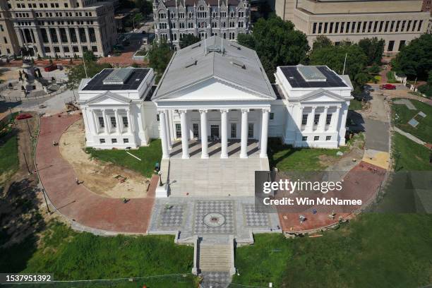 In an aerial view, the Virginia State Capitol is shown on July 12, 2023 in Richmond, Virginia. The Virginia General Assembly is the oldest elected...