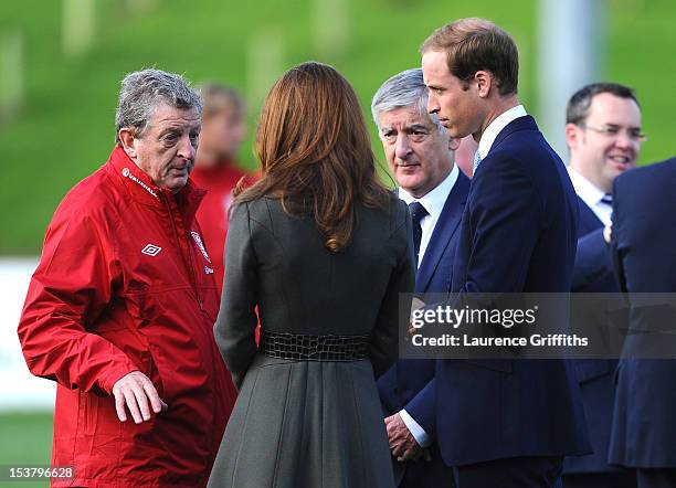 Prince William, Duke of Cambridge and Catherine, Duchess of Cambridge talk with England Manager Roy Hodgson and FA Chairman David Bernstein as they...